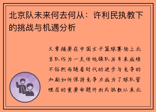 北京队未来何去何从:许利民执教下的挑战与机遇分析