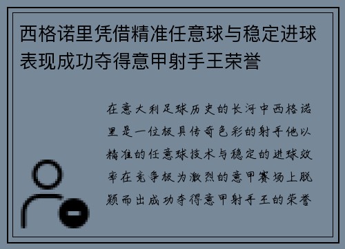西格诺里凭借精准任意球与稳定进球表现成功夺得意甲射手王荣誉